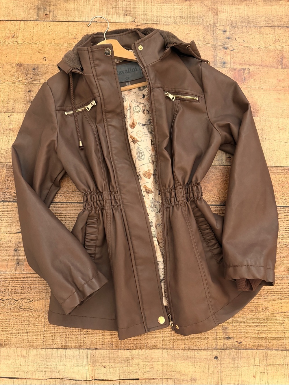 Women's Brown Faux Leather Hooded Jacket